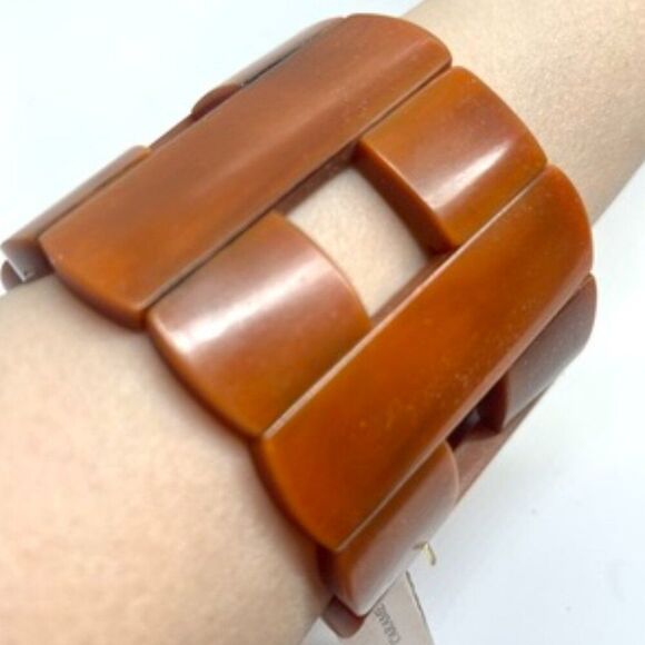 VINTAGE RUST BROWN GEOMETRIC STRETCH BANGLE MODERNIST PLASTIC BAKELITE LOOK - Picture 1 of 10